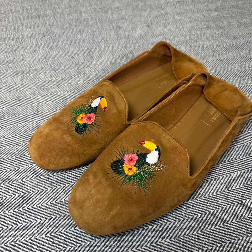 Aquazzura Suede Embroidered Toucan Tropical Accent Loafers - Picture 4 of 9